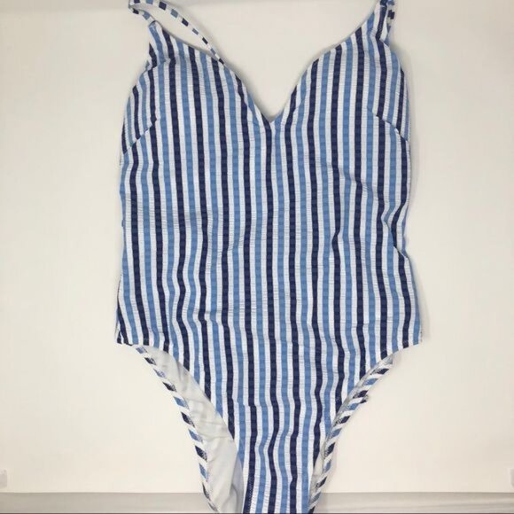 J. Crew Lace-Up Back One Piece  Swimsuit in Blue & White Stripe Size 6 NWT - Picture 6 of 13